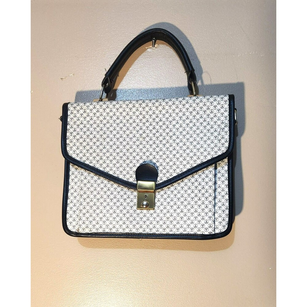Vintage 90s Monogram Top Handle Satchel Bag - Cream & Black Crossbody Purse